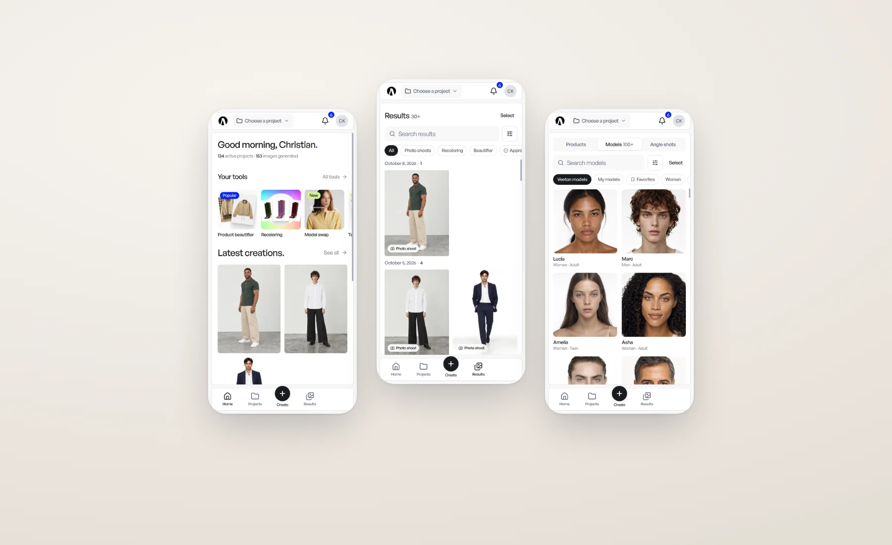 Trois écrans de Veeton sur téléphone : Accueil, Résultats et la galerie de mannequins