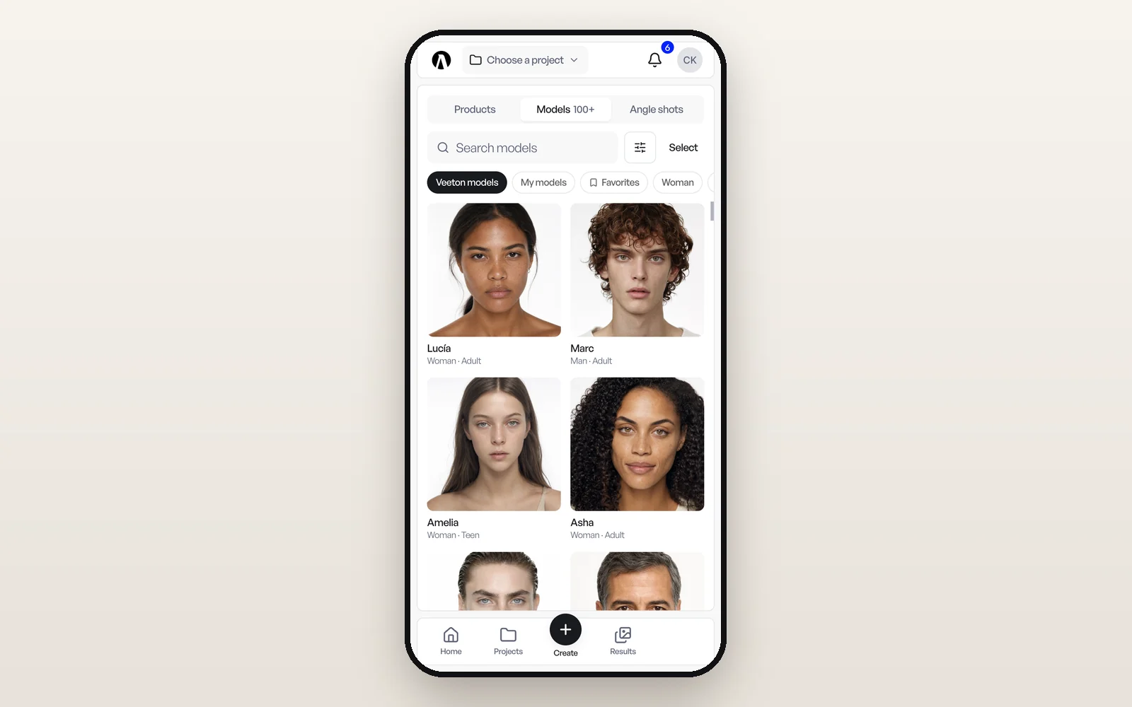 The Models library on a phone, with search, filters and favorites