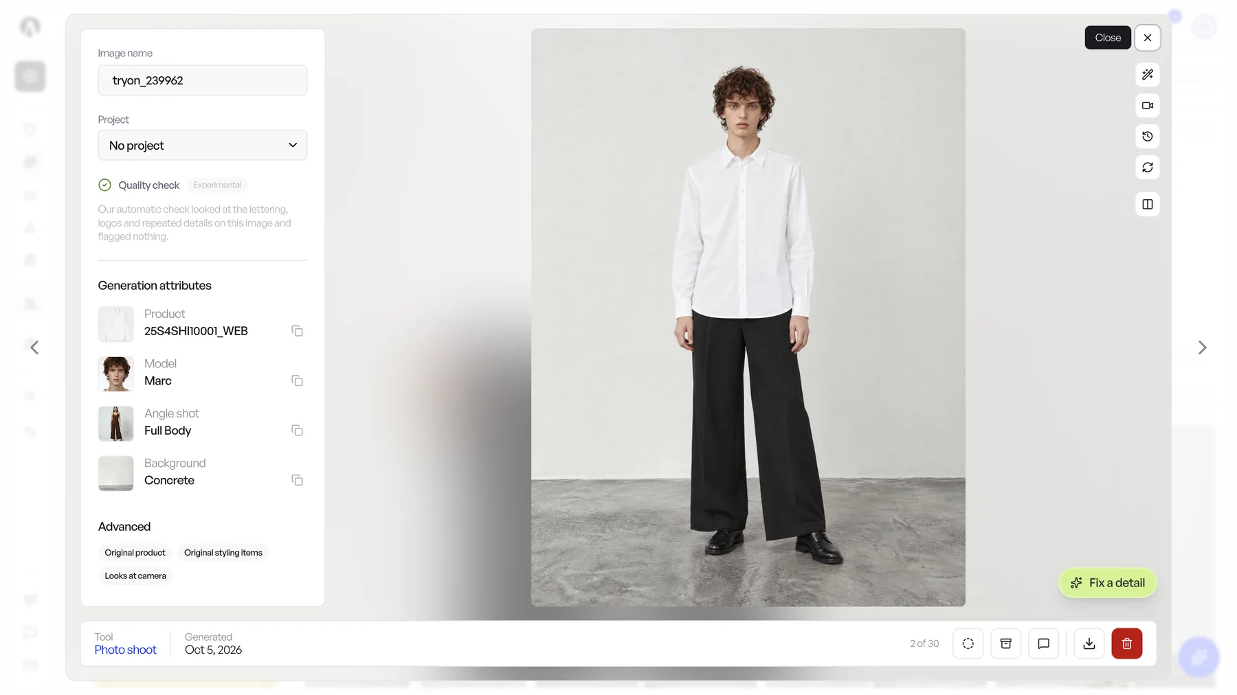 A result open in the larger result view, details panel on the left