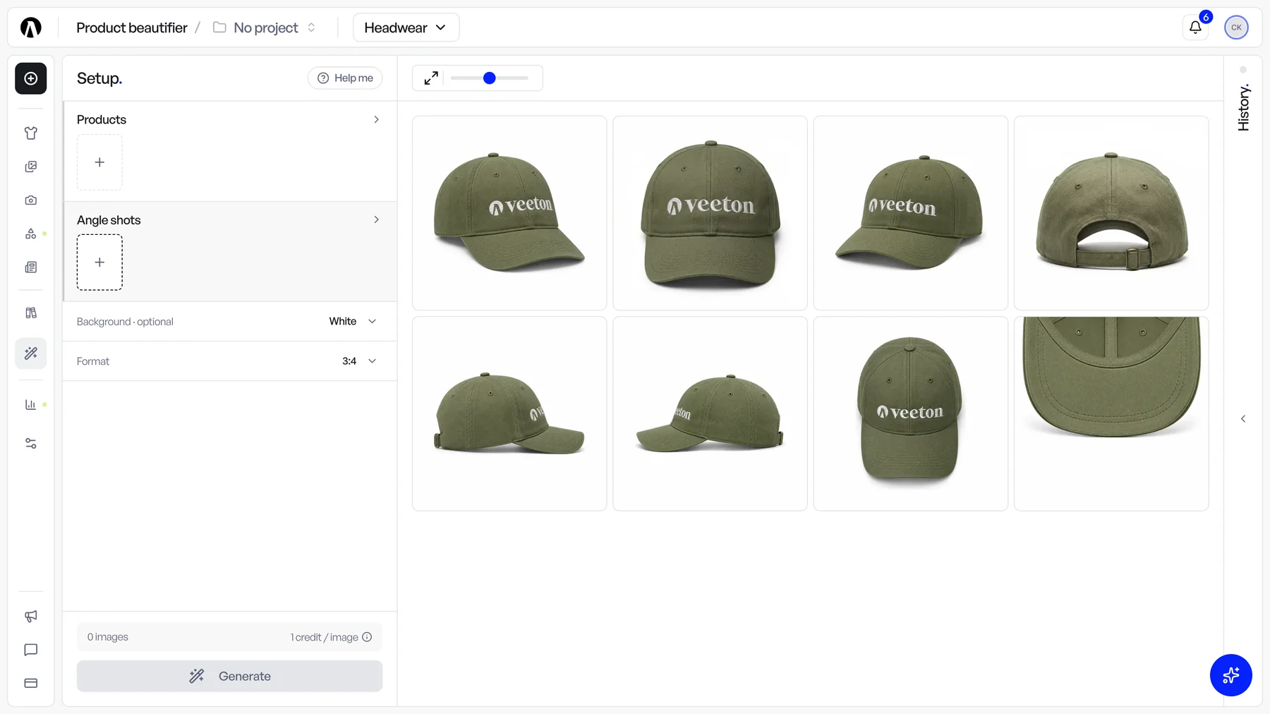 The eight headwear angle shots in the Product beautifier, including Under the brim