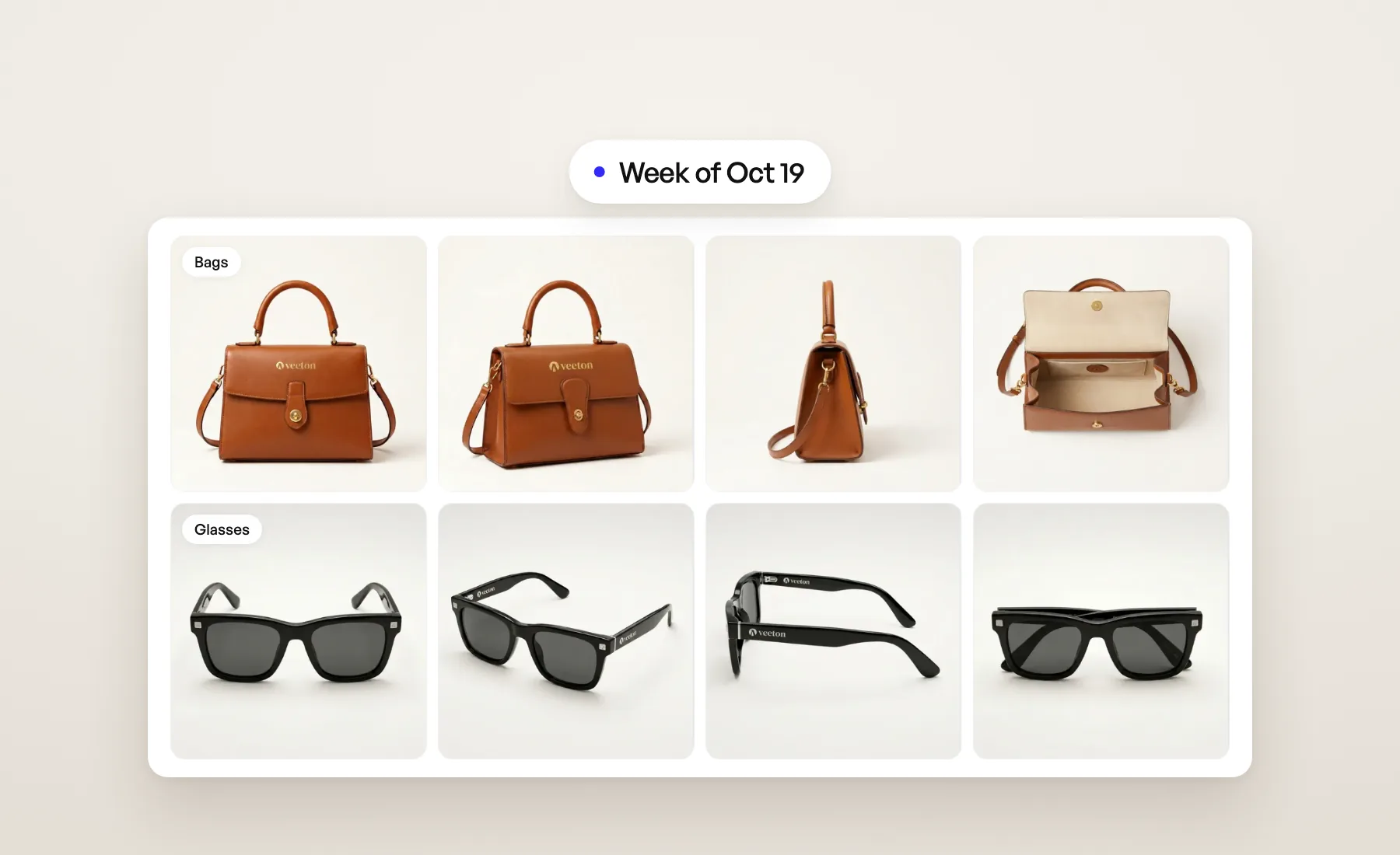 A leather handbag and a pair of sunglasses beautified from front, three quarter, side, open and folded angles