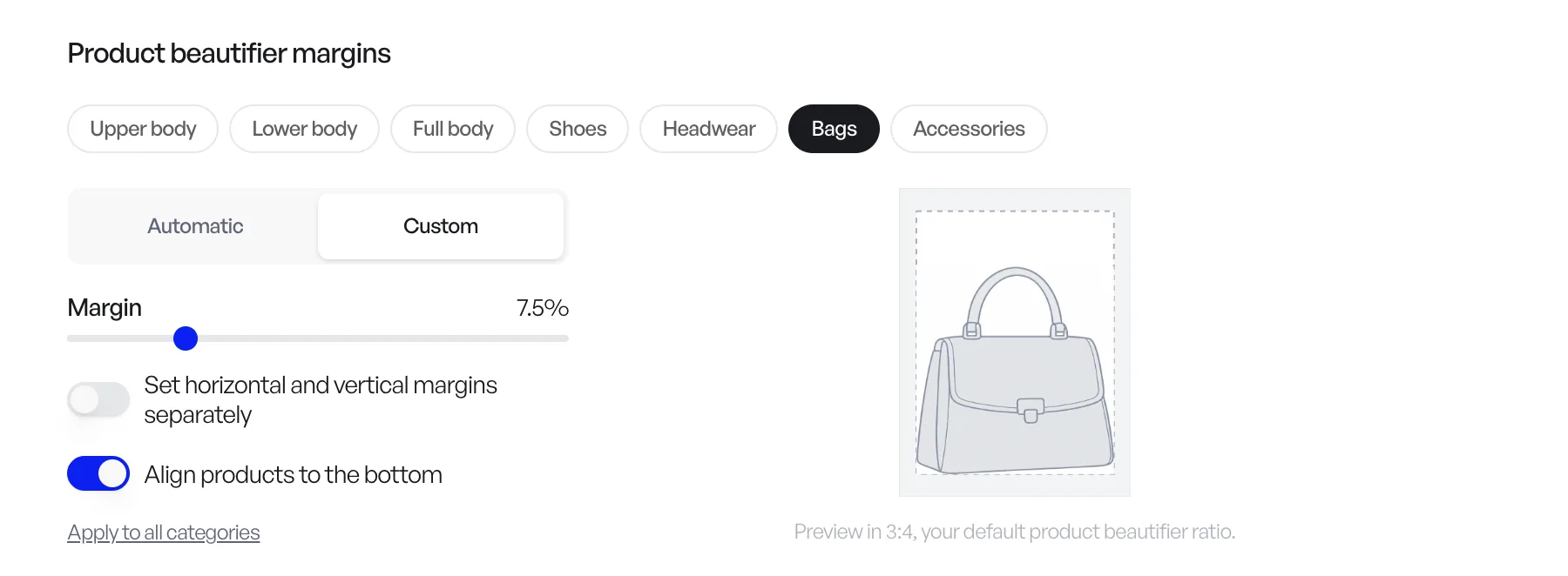 Product beautifier margins in Preferences, with Bags set to Custom and Align products to the bottom turned on