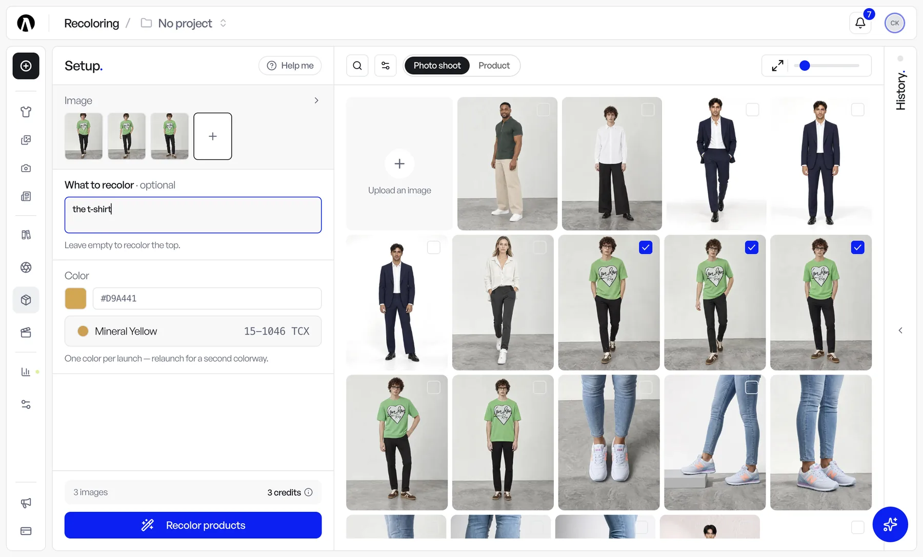 Recoloring with Photo shoot as the image source and a What to recolor field