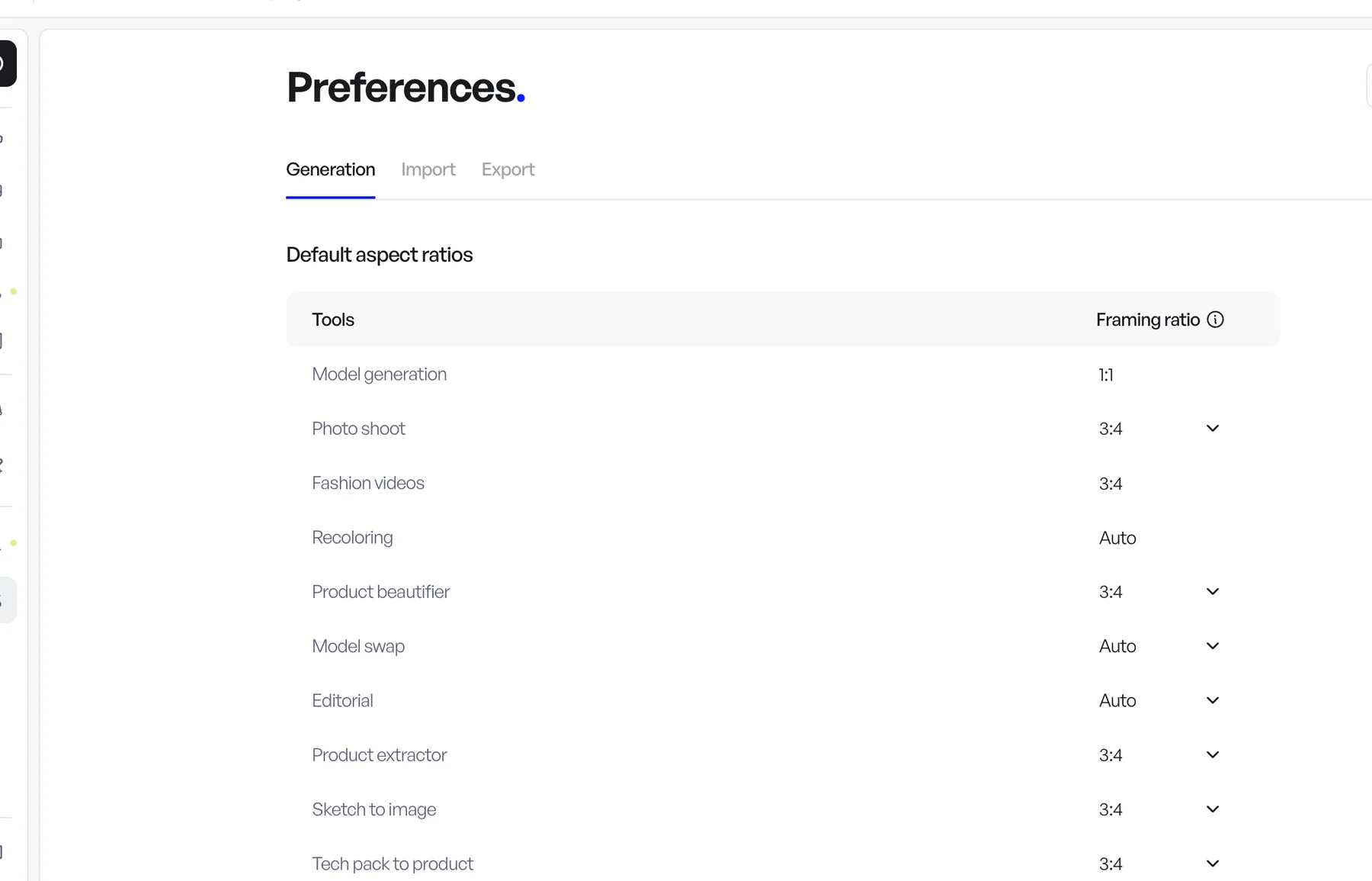 The Preferences page with its Generation, Import and Export tabs