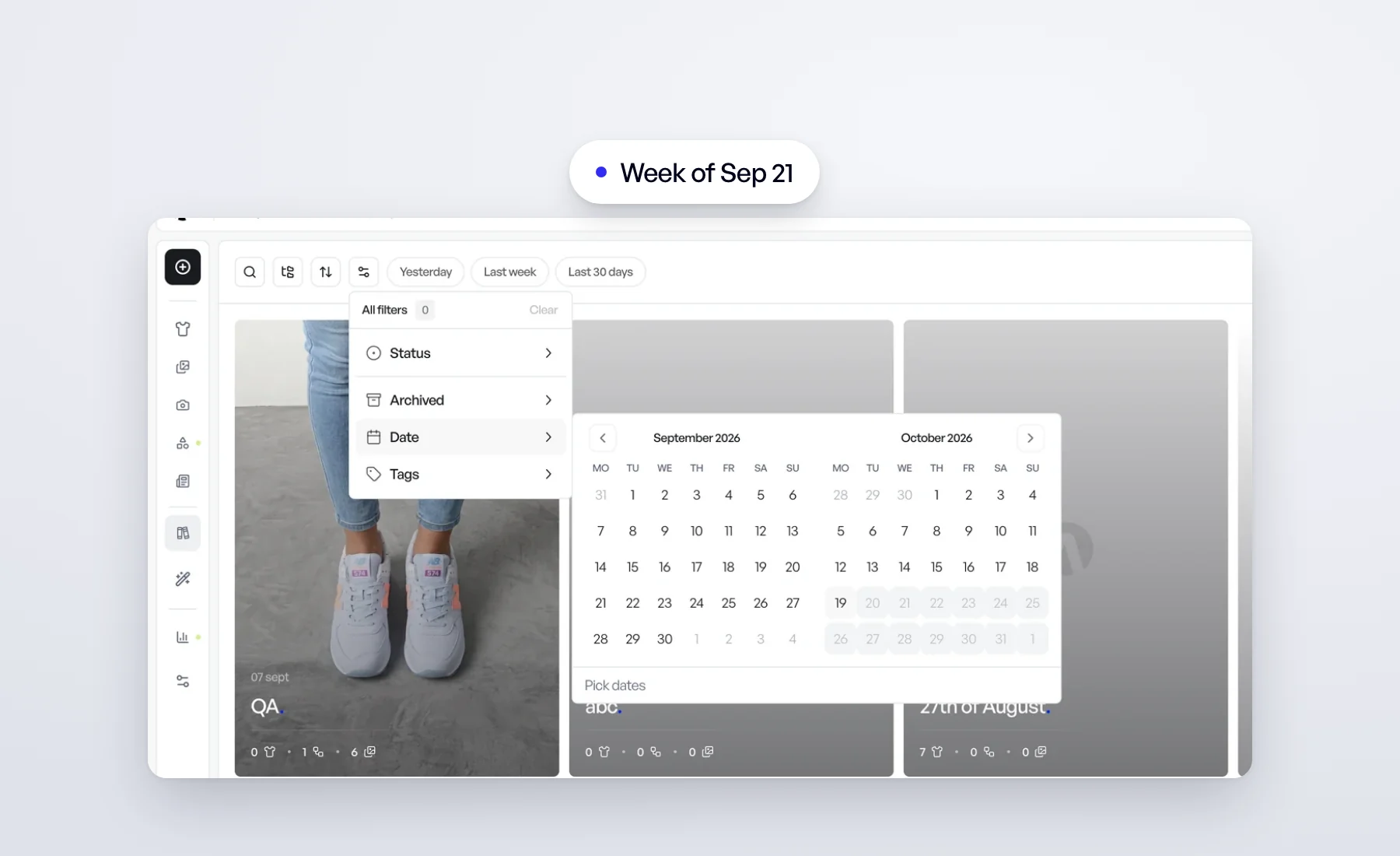 La galerie Projets avec le calendrier du filtre de dates ouvert