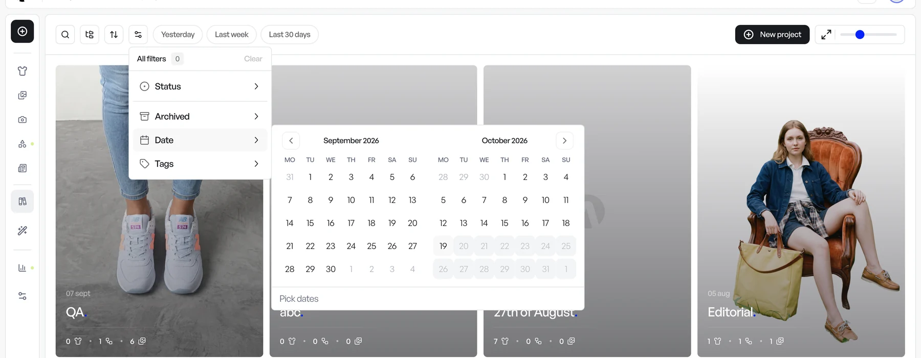 The Filters menu with a two-month calendar used to pick a date range